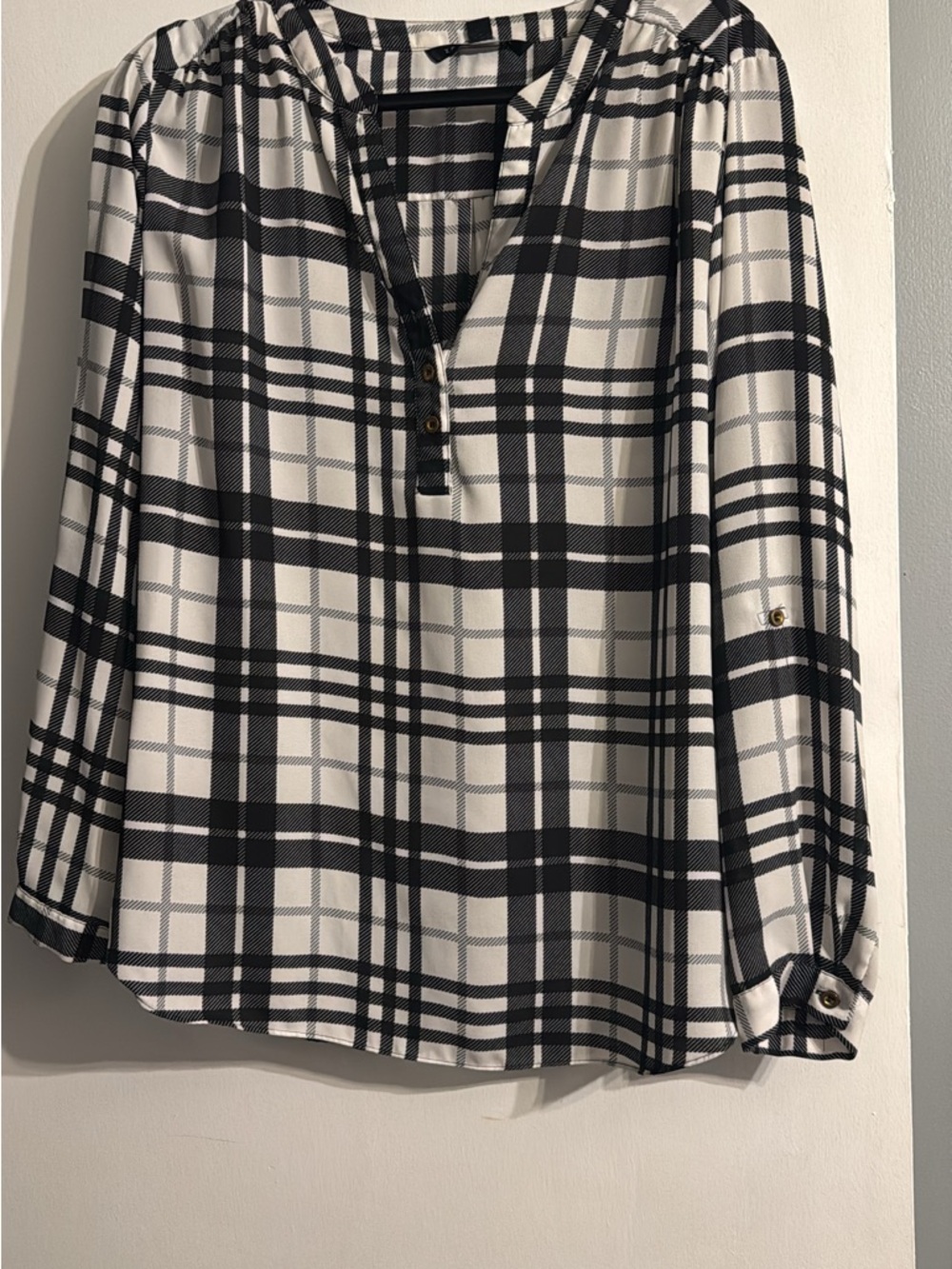 Zac & Rachel Black and White Plaid Henley Blouse